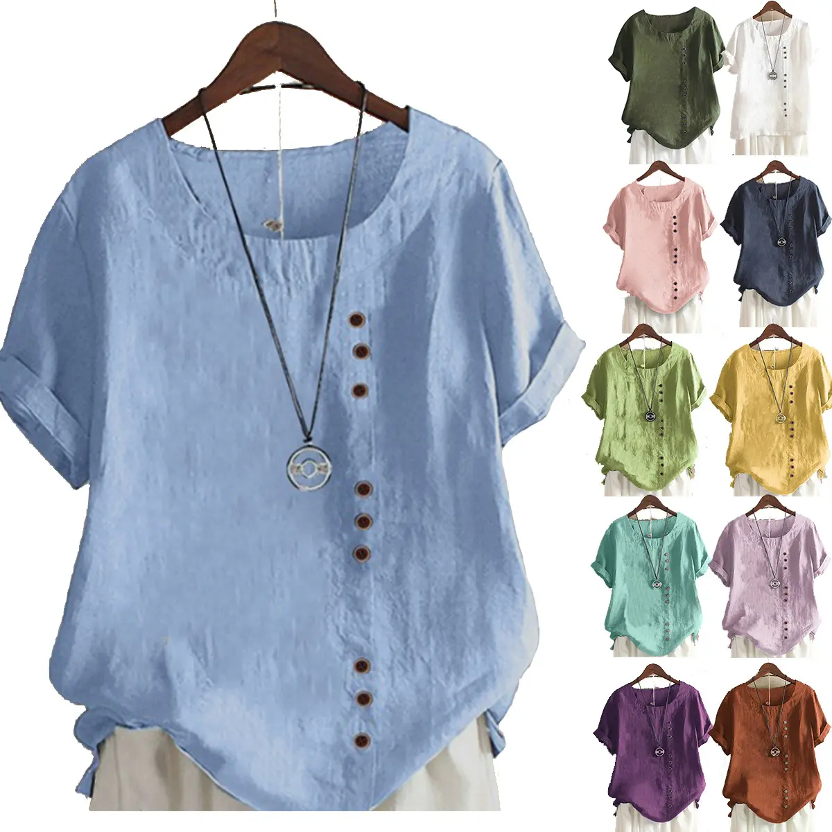 Women's Buttoned Short-Sleeve Casual Vacation Streetwear Round-Neck Regular Cotton-Linen Top T-Shirt