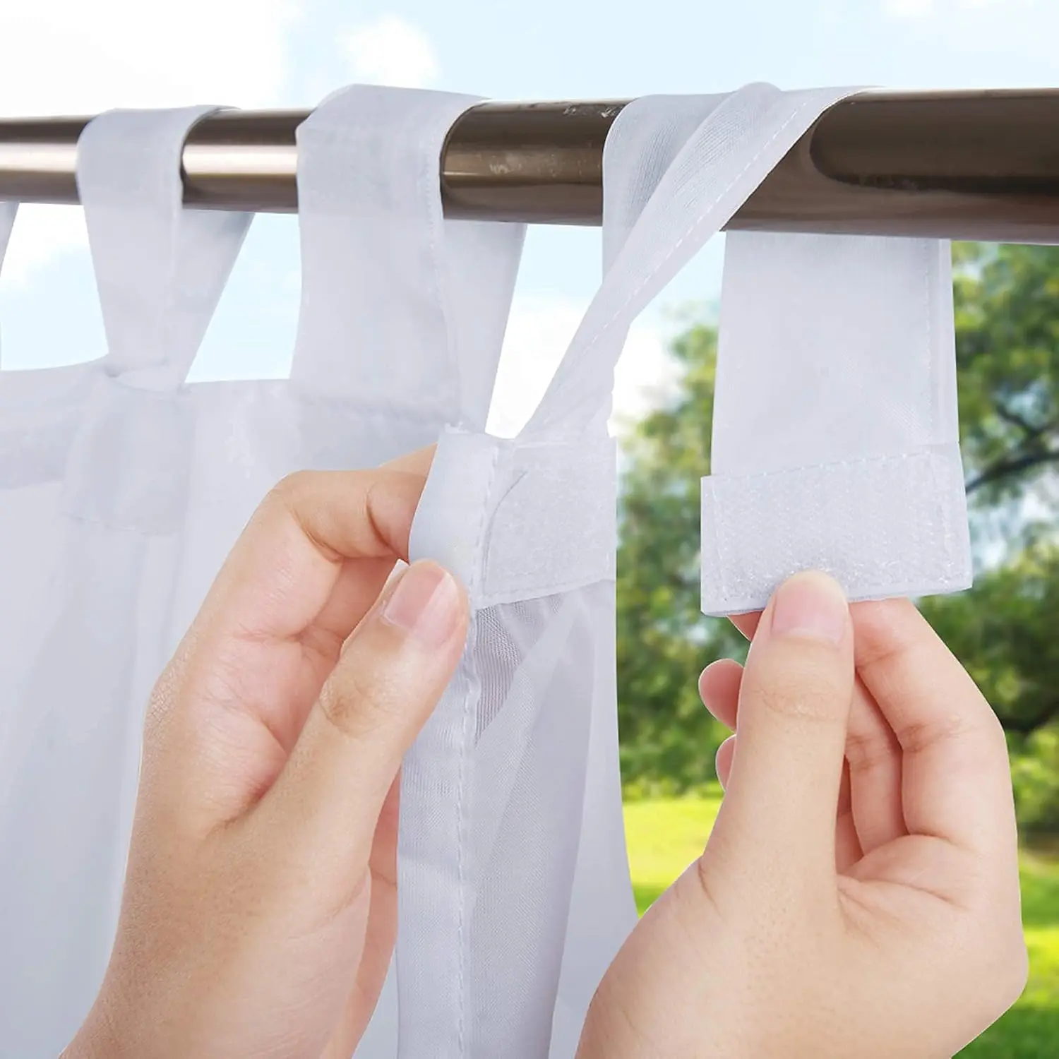 Outdoor Curtain for Patio, Detachable Sticky Tab Top for Easy Hanging & Unsling,  Outside Porch White Sheer Drape Indoor Outdoor Deck, 1 Curtain Rope, W 54 x L 84 inch Long