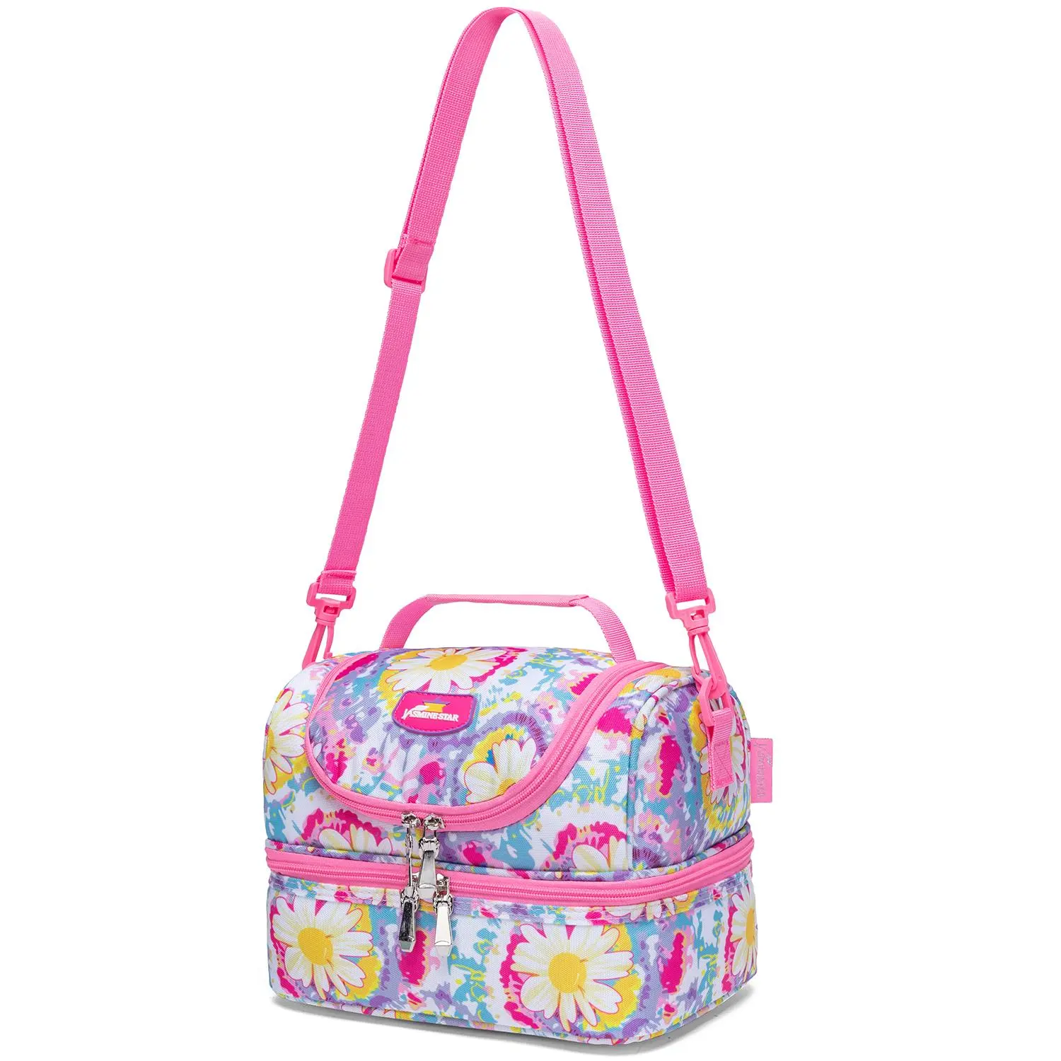 Polyester Vibrant Flowers Kids Lunch Bag - Dual Layers Insulated Thermal Lunch Box, Leakproof Reusable, With Shoulder Strap, School Meal Prep Bag for Girls, Hot Pink, Toddlers, School Days, Durable Lunch Bag, Zipper Lunch Bag