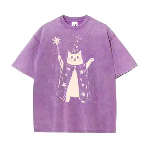 Women's Vintage Wizard Cat Graphic T-Shirt - Baggy Oversized Washed Batik Cotton Shortsleeve Top, Biker Casual Breathable Super Soft Pre-Shrunk Streetwear for Women