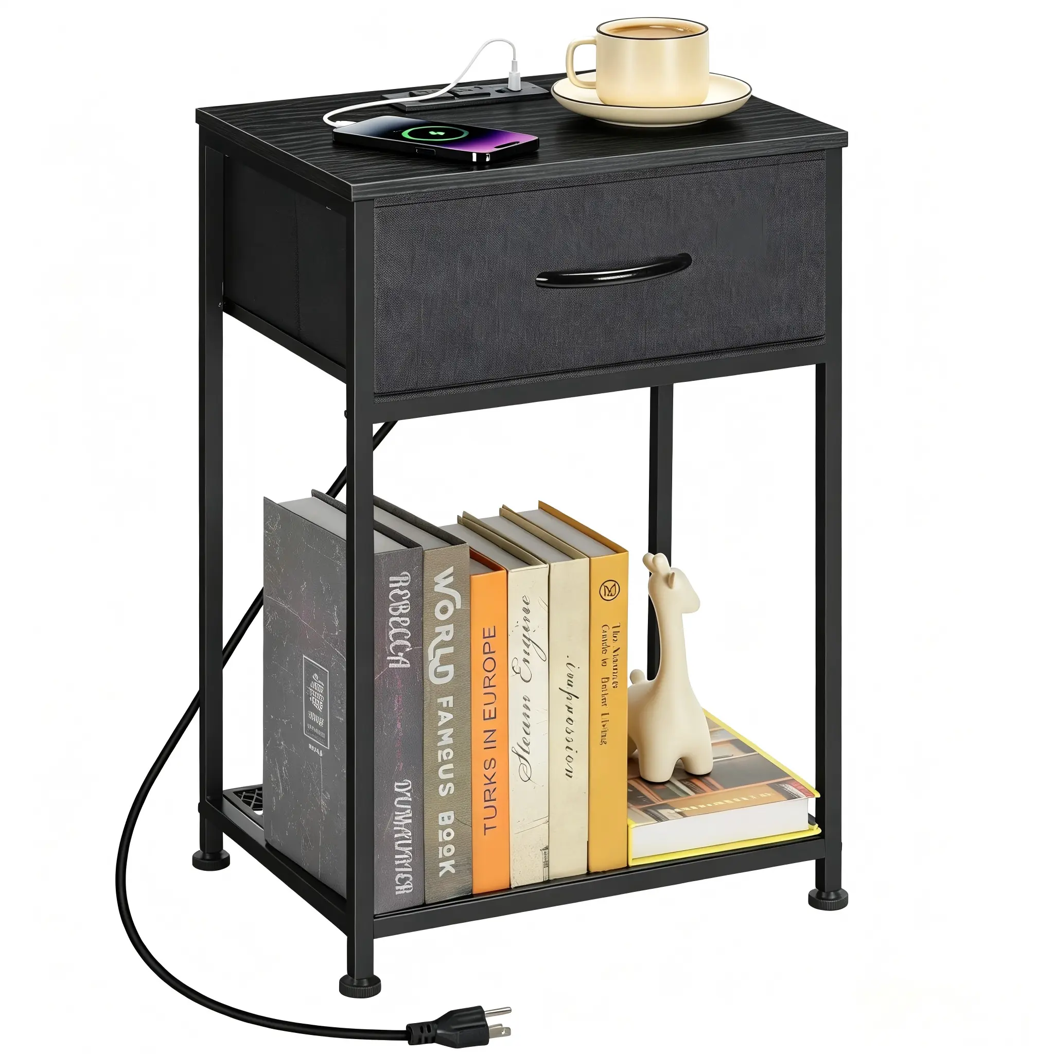 Black Nightstand with Charging Station, USB & AC Power Outlets, Fabric Drawer, Open Storage Shelf, Adjustable Legs – Multifunctional Bedside Cabinet for Bedroom, Living Room