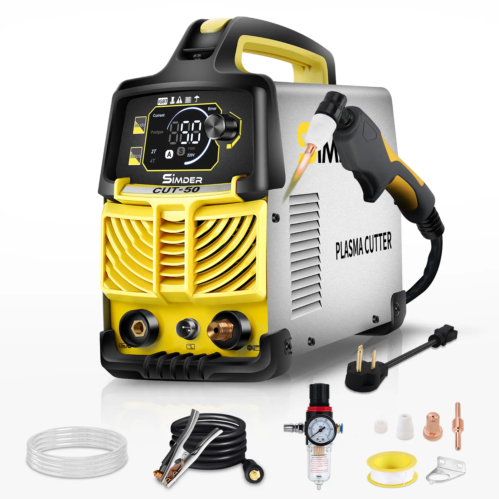 SIMDER CUT-50 Plasma Cutter Welder, Upgraded LCD Display, 50A Dual Voltage 110V/220V (110V Home Use), 50A 1/2" Steel Clean Cut, Non-Touch Arc, High-Frequency Inverter Metal Cutting Machine with Torch for DIY, Auto Repair
