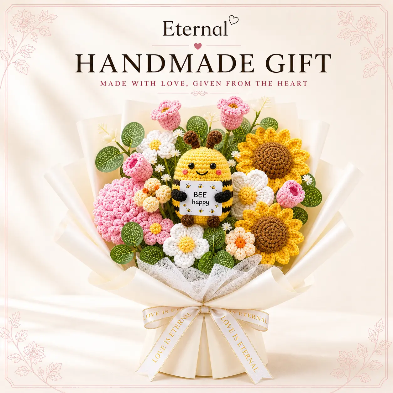 Handmade Crochet Bee-Sunflower Bouquet - Everlasting Knitted Floral Arrangement, Home Decor Gift for Her, Ideal for Birthdays, Anniversaries
