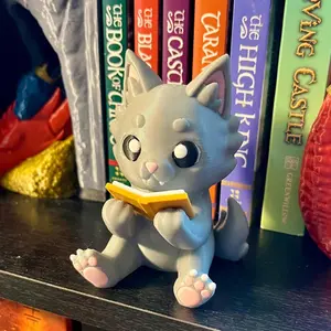 Chibi Reading Wolf Bookshelf Decor - Cute Baby Wolf Figure - 3D Printed Bookish Decor
