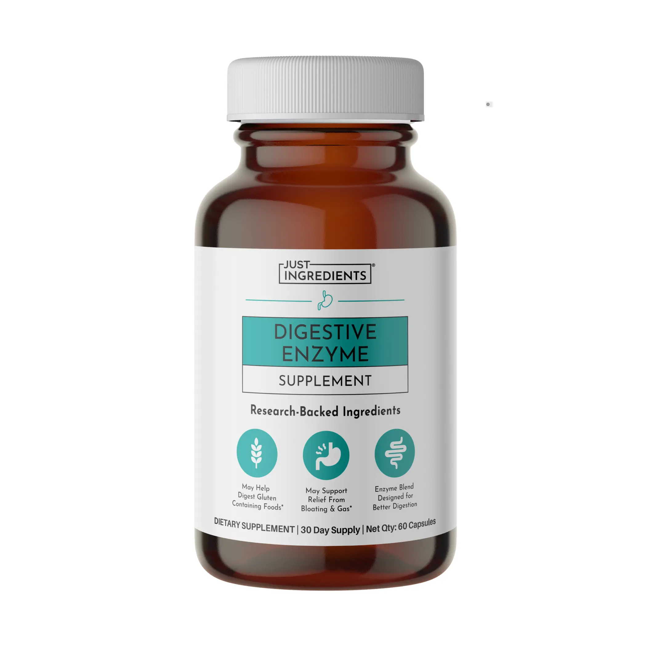 Just Ingredients Digestive Enzyme Supplement - 15 Enzyme Blend for Protein Fat Carbohydrate & Fiber Breakdown - 30 Day Supply 60 Capsules