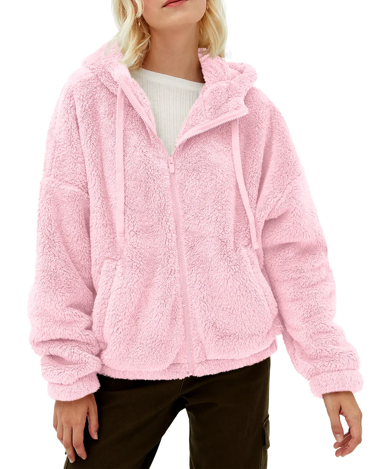 Women's Oversized Fuzzy Fleece Zip-Up Hoodie - Winter Warm Tops, Coats, Outerwear