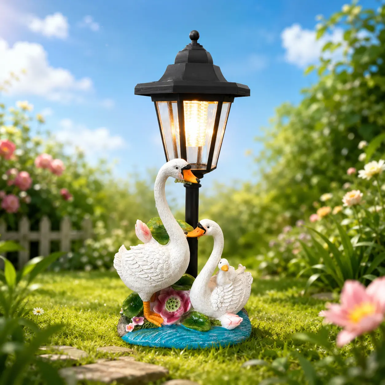 Solar LED Lighted Swan Garden Statue - Solar Powered Outdoor Decorative Light, Refined Resin Lantern, Weatherproof Easy No-Wire Setup Deck Piece, Whimsical Figurine to Light Up Your Space, Mother’s Day Gift