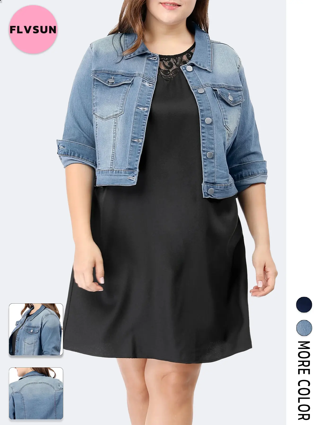 Flvsun Women's Plus Size Cute Lightweight Denim Vest - Long Sleeve, Button-Closed, Cropped, Stitched Pockets, Soft Breathable Fabric, Minimalist Vintage Graphic, Western Essential - Cowboy, Casual Dress, Rodeo Outfit Inspo 2025 Thanksgiving Womenswear Top