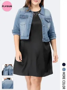 Flvsun-Women's Plus Size Button Closed Cropped Denim Jackets Stitching 2025 Denim Jean Jacket Casual Long Sleeve Pockets Jackets Coat Fabric Fashion Womenswear Soft button jacket