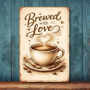 Brewed with Love – Coffee Cup Retro Art Print – 8x12 Inch Metal Sign for Kitchen, Café, or Home Decor