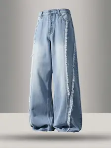 Men's Vintage Patchwork Washed Light Blue Jeans, Vintage Wash Distressed Loose Straight Leg Denim Jeans, Y2K Style Streetwear Fashion, Menswear, Perfect Gift for Boyfriend Husband