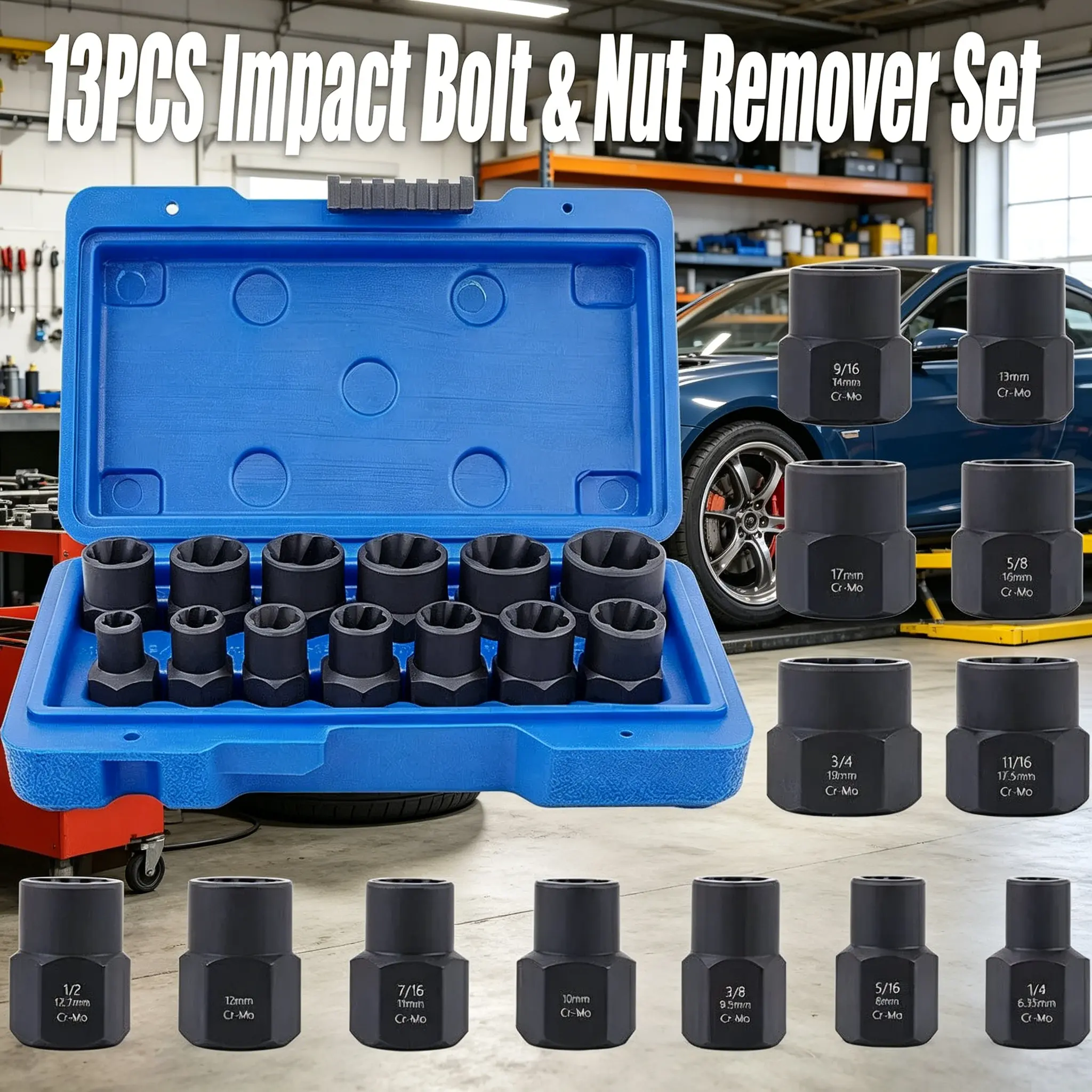 13Pcs Grip Hexagonal Lug Nut Extractor Socket Set, Heavy-Duty Impact Bolt Remover Tools for Mechanics with Storage Box