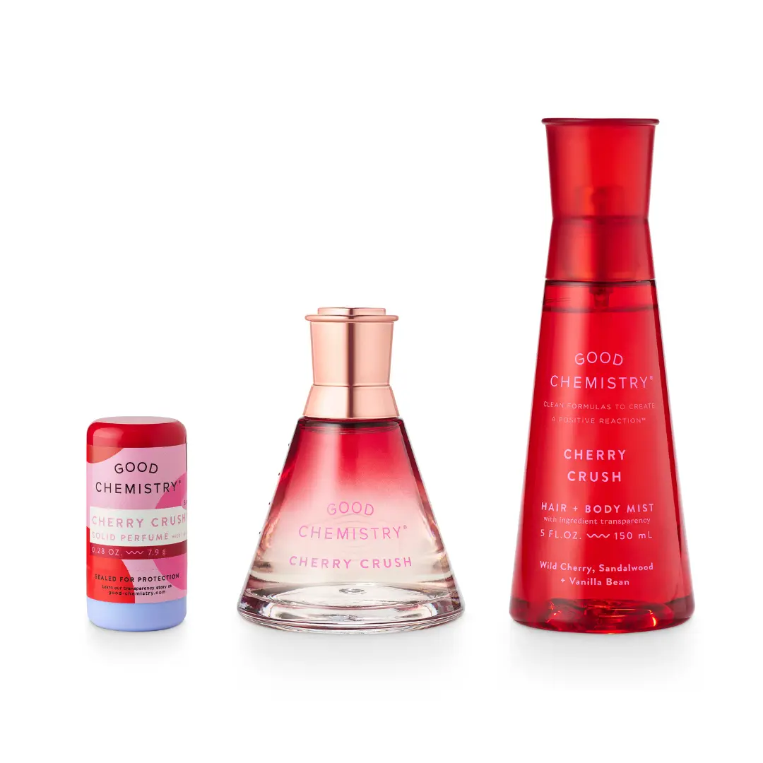 Good Chemistry Cherry Crush Fragrance Bundle ~ Save 15% with all three formats of eau de parfum, hair and body mist, and solid perfume ~ Notes of Wild Cherry, Sandalwood, and Vanilla Bean ~ Cruelty-free and vegan with full ingredient transparency