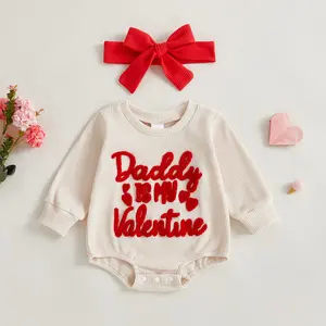 2Pcs Infant Baby Girl Valentine's Outfit Long Sleeve Letters Embroidery Bubble Romper and Headband Set Spring 0-18 Months