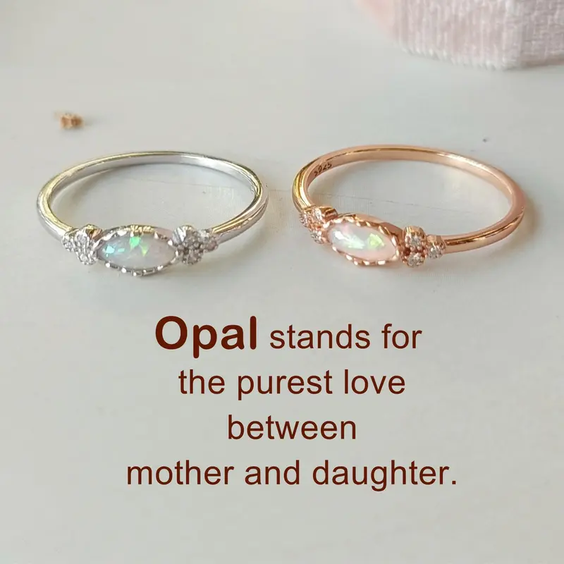 Handmade Artisan Mother and Daughter Oval Opal Ring - Single (Not a Pair), Artificial Opal Stone, Champagne Gold, Classic Adults' Jewelry, Auspicious US Size 5-11, Mothers' Gift, Cute Simple Design