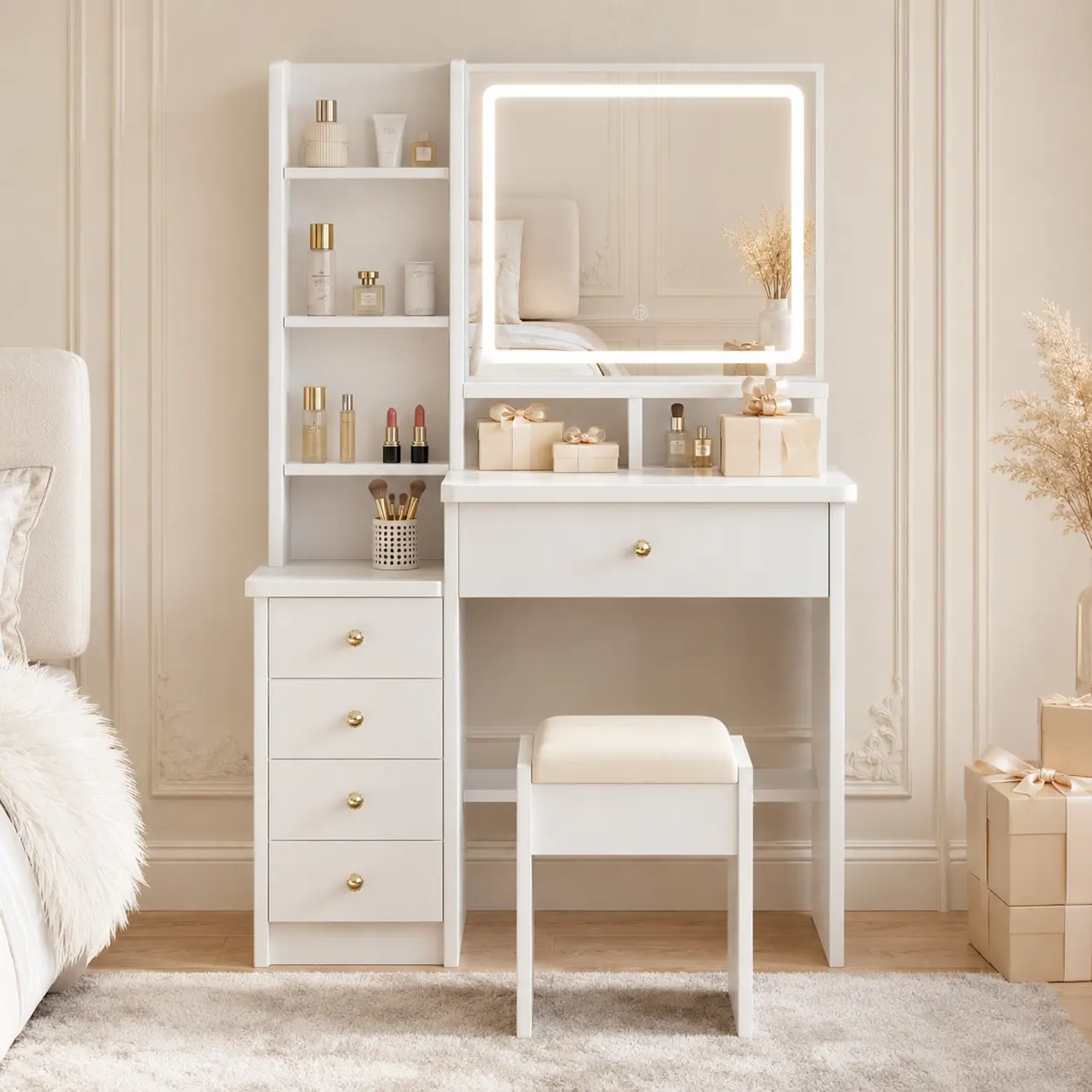 All-in-One LED Vanity Table, Touch Controlled 3 Color Dimmable Mirror, 5 Crystal Handle Storage Drawers, Multi Tier Side Open Shelving, Silent Slide Rails, Matching Padded Stool