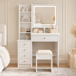 All-in-One LED Vanity Table, Touch Controlled 3 Color Dimmable Mirror, 5 Crystal Handle Storage Drawers, Multi Tier Side Open Shelving, Silent Slide Rails, Matching Padded Stool