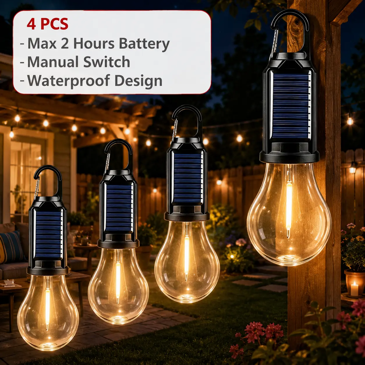 4PCS Solar Hanging Light Bulbs, Rechargeable Waterproof LED Camping Lanterns with Clip Hooks, Warm Outdoor Patio Lights for Halloween Christmas Yard Decor, Tent, Emergency & Power Outage