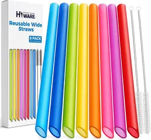 8 Pcs Reusable Jumbo Wide Boba Straws with Angled Tips, BPA-Free Tritan Plastic, Multi-Color Smoothie Straws for Bubble Tea, Tapioca Pearls & Milkshakes, Includes 2 Cleaning Brushes