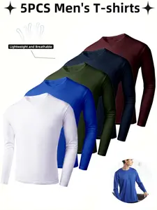Men's 5-Pack Quick-Dry Long Sleeve T-Shirts, Classic Solid Color Round Neck, Casual Tie Dye Sports Tops for Basketball, Cycling, Running, Quick Drying Top, Breathable Athletics