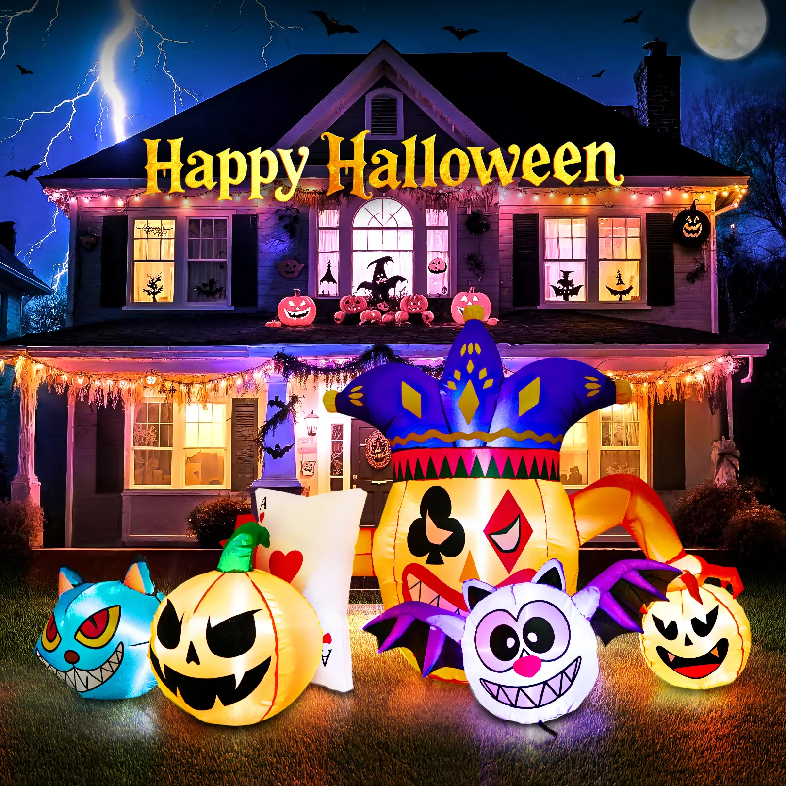 Whubefy 5.25ft Long Halloween Inflatable Pumpkin Clown Decoration - Built-in LED Lights (Light-Up), Creates Spooky & Scary Halloween Outdoor Atmosphere, with Elements of Cat, Demon, Playing Cards, Holiday Party Decor for Backyard/Lawn/Garden/Indoor