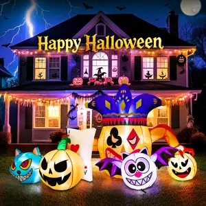 Whubefy 5.25ft Long Halloween Inflatable Pumpkin Clown Decoration - Built-in LED Lights (Light-Up), Creates Spooky & Scary Halloween Outdoor Atmosphere, with Elements of Cat, Demon, Playing Cards, Holiday Party Decor for Backyard/Lawn/Garden/Indoor