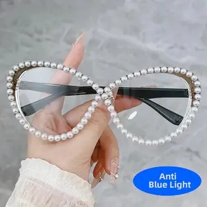 Unisex Cat Eye Bluelight Glasses - Diamond Accents, Polarized Frames, Anti-UV PC Polycarbonate Lenses, Anti-Eyestrain Eyewear for Office, Daily Wear