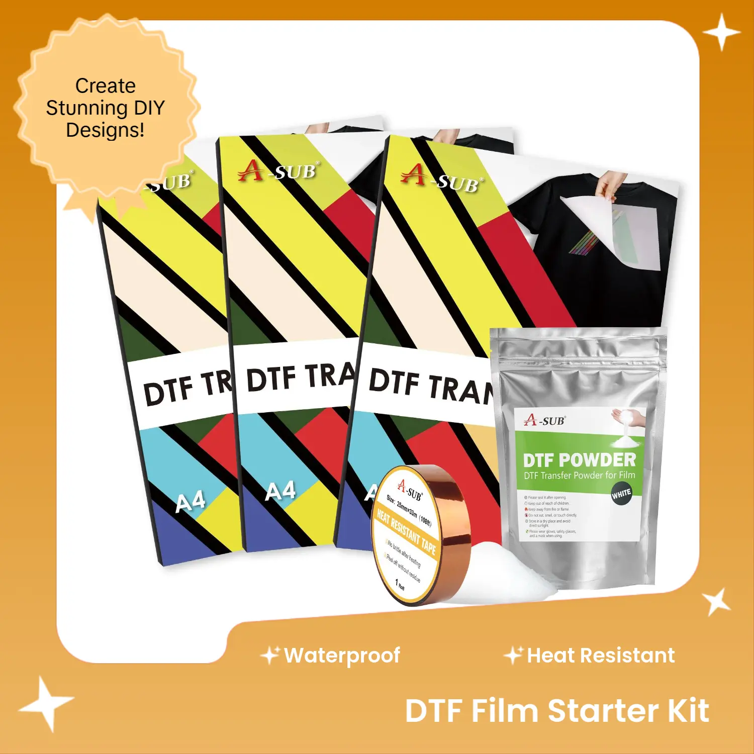 A-SUB 3-Pack A4 DTF Film Starter Kit, DTF Transfer Set with 500g DTF Powder & Heat Resistant Tape, Works with Standard Inkjet Printers, Waterproof & Washable for DIY T-Shirt Printing