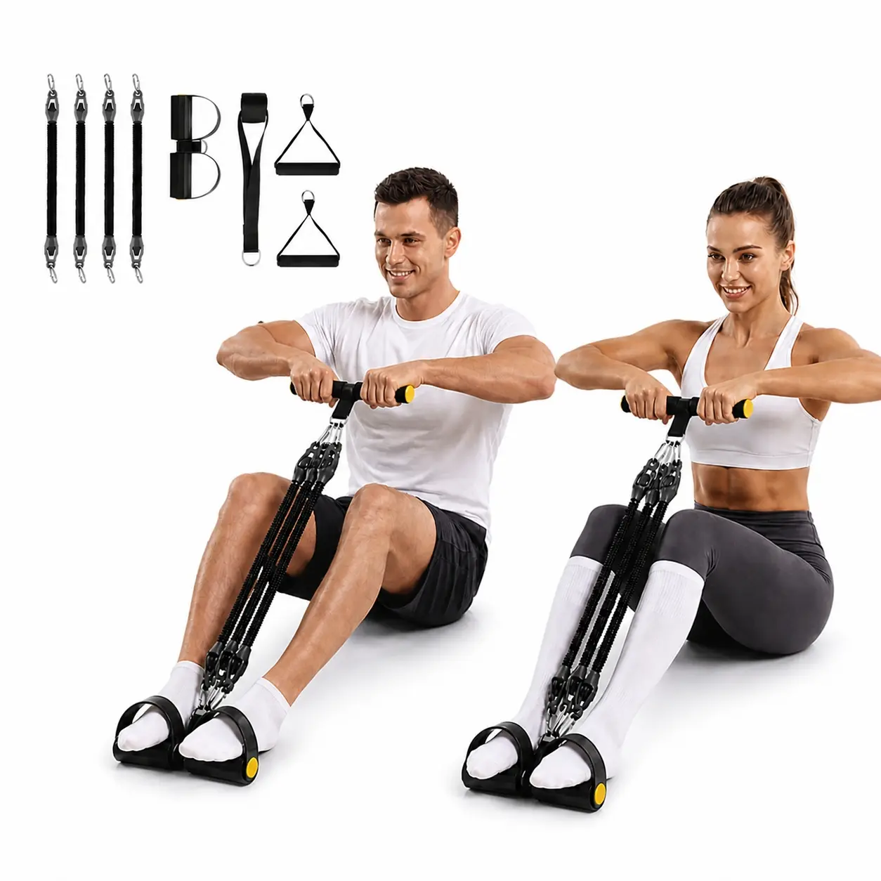AddWin L10 Upgrade Foot Pedal Resistance Bands with Handles, 4-Tube Adjustable Resistance, Portable Full-Body Workout Kit with Ankle Straps & Stirrup Puller for Abdomen, Waist, Arm, Core/ABS, Leg, Yoga, Sit-ups Training, Men Women Home Fitness