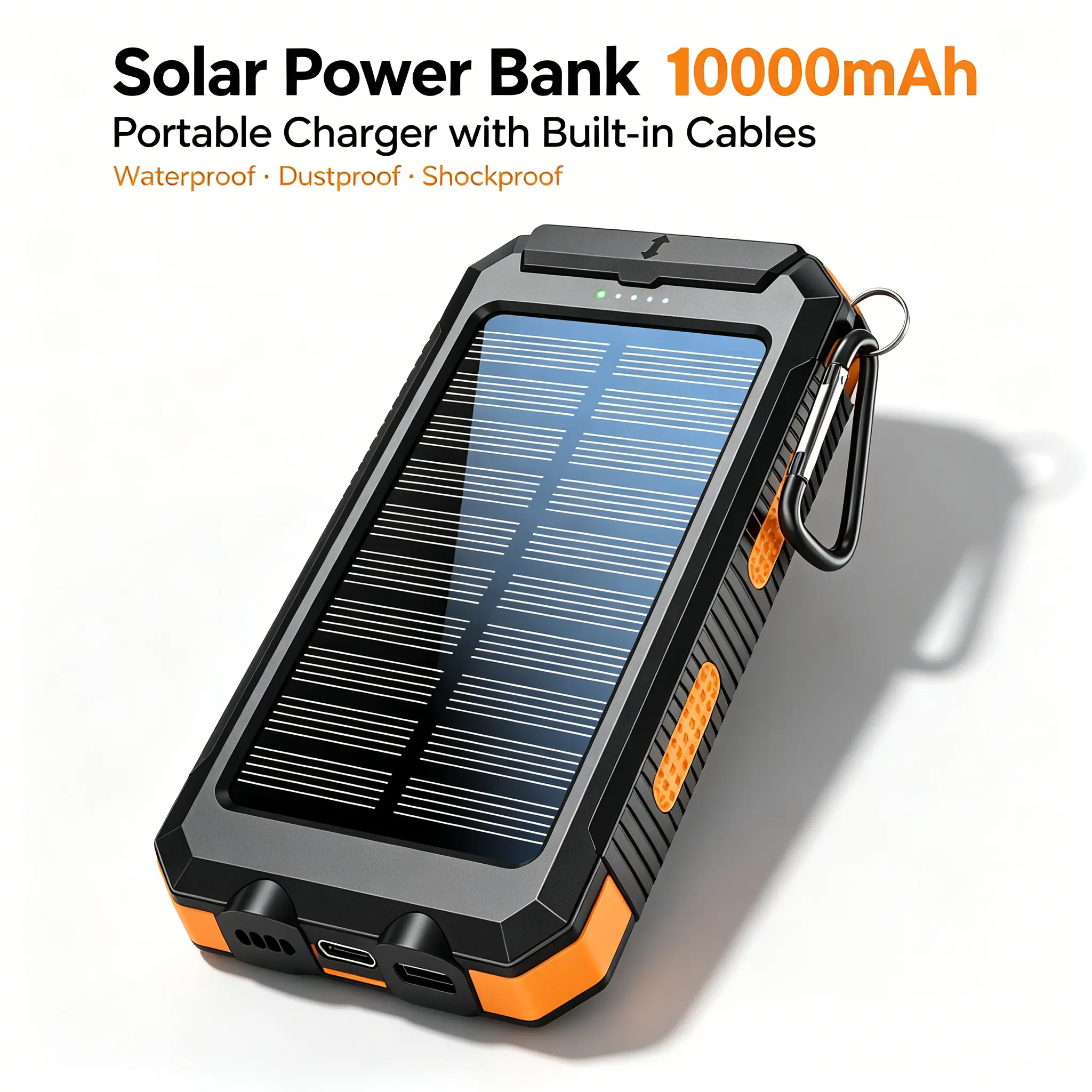 10000mAh Solar Power Bank for Phone - Waterproof, Shockproof, Dual USB Fast Charging, Flashlight, Compass, Carabiner, Outdoor Essential Accessory