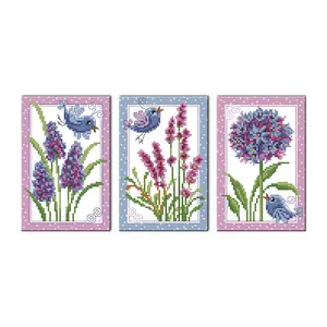 Birds and Flowers Triptych Cross Stitch Kit 220X86 Counted Embroidery DIY Craft Traditional Floral Wall Art for Living Room Holiday Gift