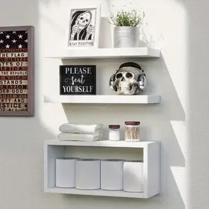 White floating shelf 3-piece set, modern bathroom shelf wall mounted rack, used for wall decoration, white wall rack above toilet, used for bathroom bedroom, living room, kitchen