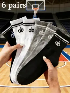 Men Women Unisex Plain Letter Striped Mid-Calf Athletic Socks, Soft Breathable Sweat-Absorbing Design, Casual Daily Wear & Sports