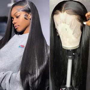 Straight Lace Front Wigs Human Hair Pre Plucked 180 Density 13x4 HD Lace Frontal Wigs with Bleached Knots Baby Hair Glueless Wig for Women Natural Black Color