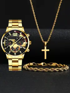 Men's Quartz Analog Watch Set with Pendant Necklace & Bracelet, Casual Fashion Business Style, Perfect Gift for Back-To-School Thanksgiving Birthday Party, Fashion Watch Jewelry