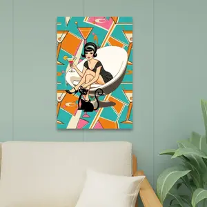 Mid Mod Atomic Cat, 60s Retro Gal, Kitschy Martini MCM Wall Art Canvas Print