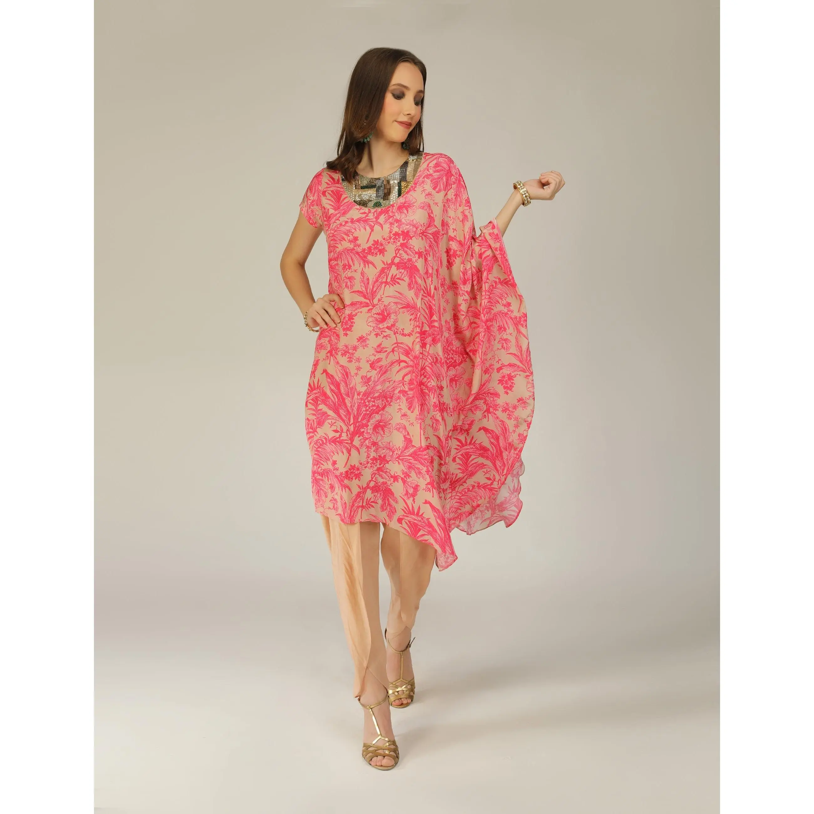 Raya Pink Digi Half Kaftan Tunic With Dhoti Pants