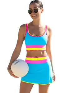 【Run half a size small】Beachball Kayaking 3 Piece Bikini Sets,Tummy Control & High Waisted Swimsuit with Adjustable Wide Shoulder Straps, Neon Color Sporty Swimsuit