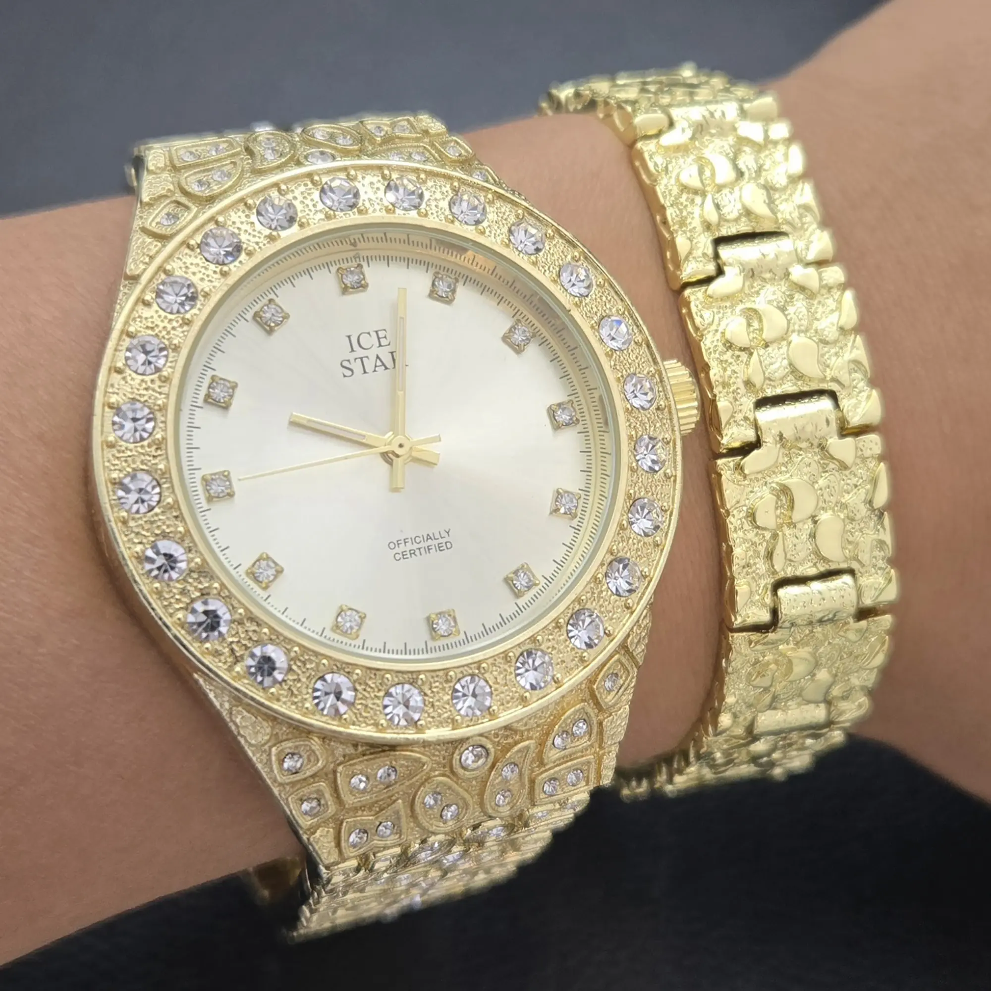 MaxBling81 Men's Quartz Wristwatch, Iced Simulated Diamond, Hip-Hop Inspired Golden Nugget Bling Metal Shiny Luxury Trendy Analog Watch & Bracelet Gift, Quartz Watch, Trendy Watch