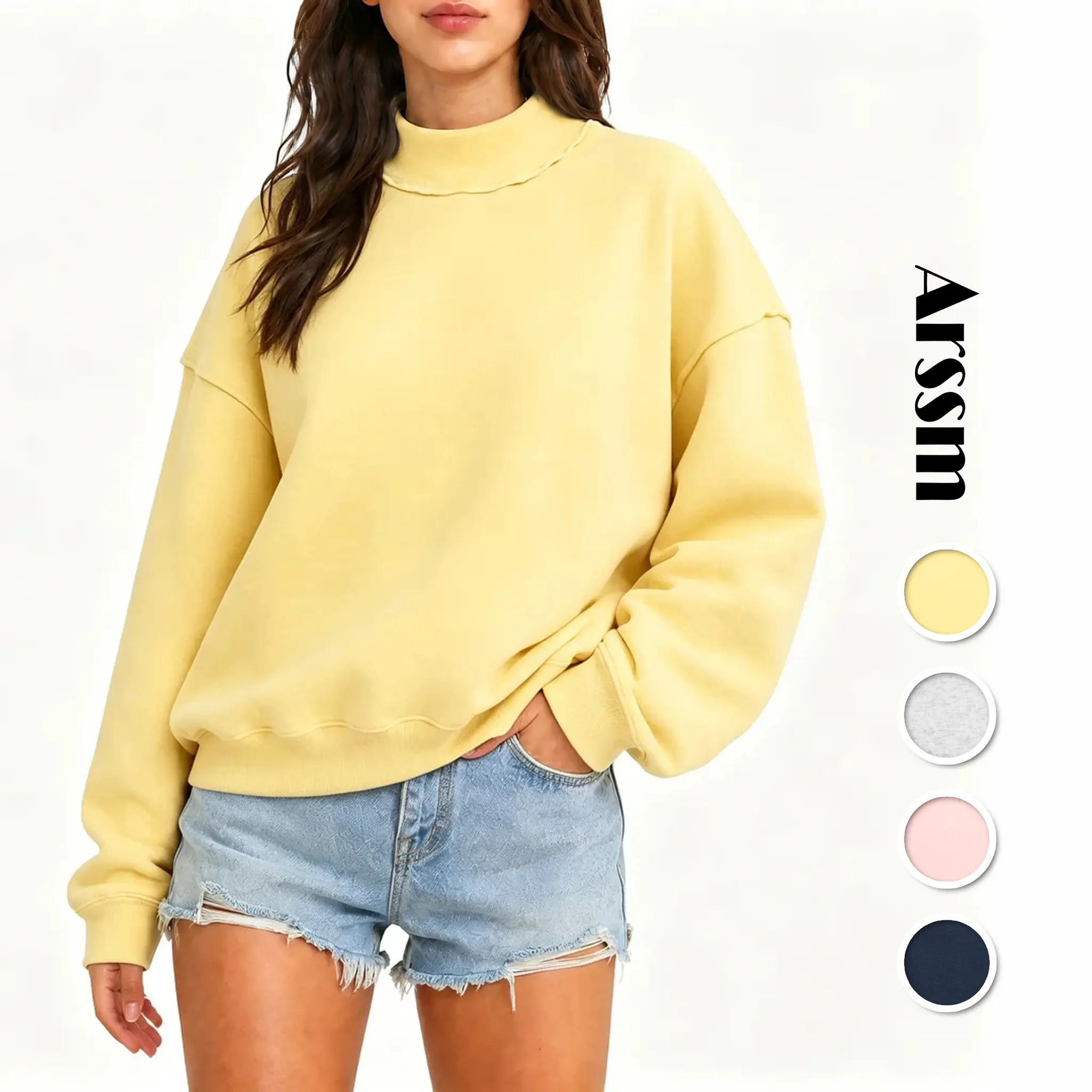 Arssm iral TikTok Trend Wavy Edge Mock Neck Sweatshirt Women Oversized Drop Shoulder Soft Fleece Solid Color Loose Casual Basic Pullover Tops