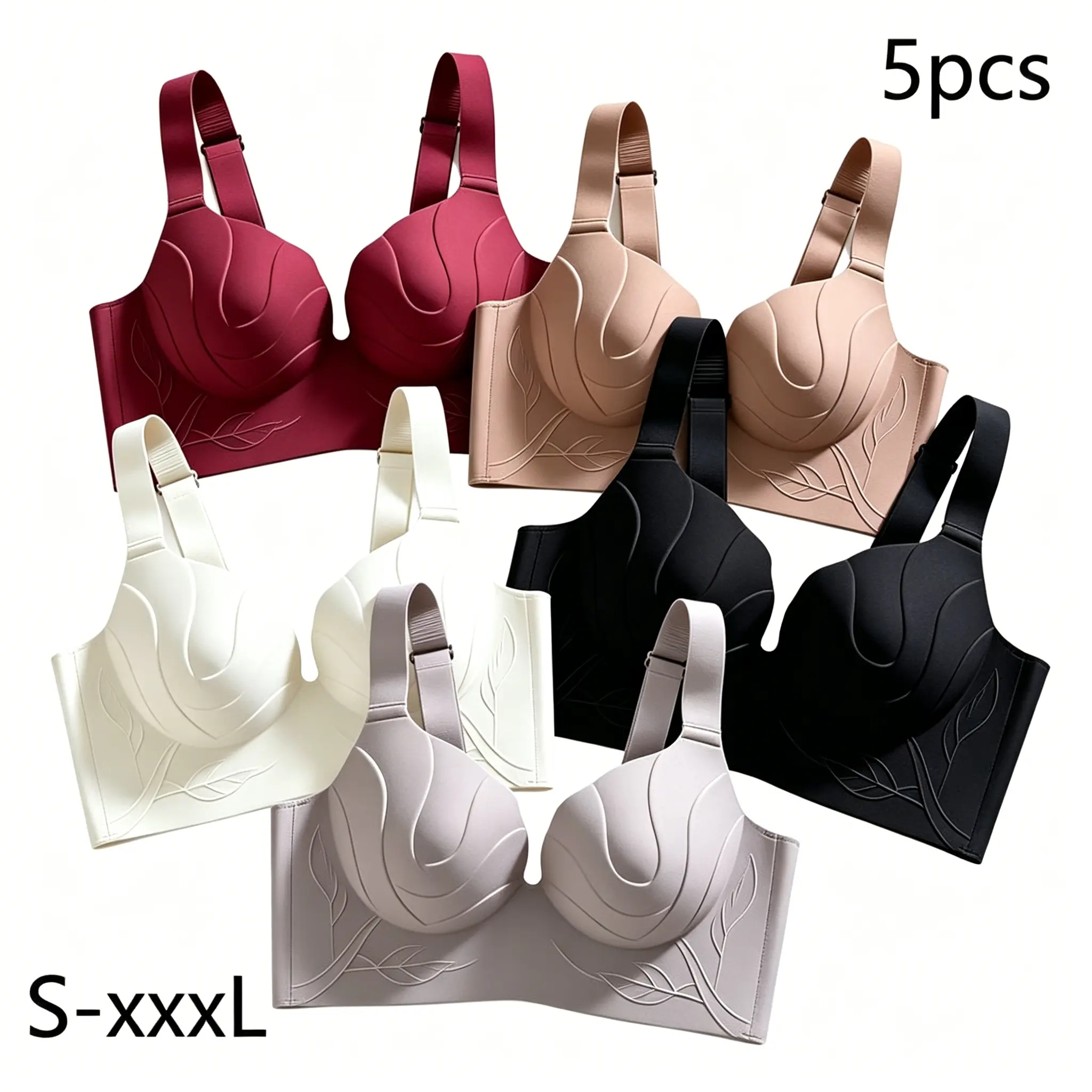 Women's 5-Pack Seamless Bras Wireless No Underwire Soft Breathable Cotton Feel Like Butter Smooth Invisible Full Coverage Everyday Bra Plus Size Light Lift Natural Shape No Roll Edge Wide Straps Non-Slip Back Smoothing No Bulge No Digging Lounge Sleep