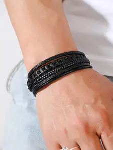 1pc Multilayer Braided PU Leather Rope Bracelet, Vintage Cold Tone Wristband, Magnetic Buckle, Fashion Accessory, Stackable Bracelets