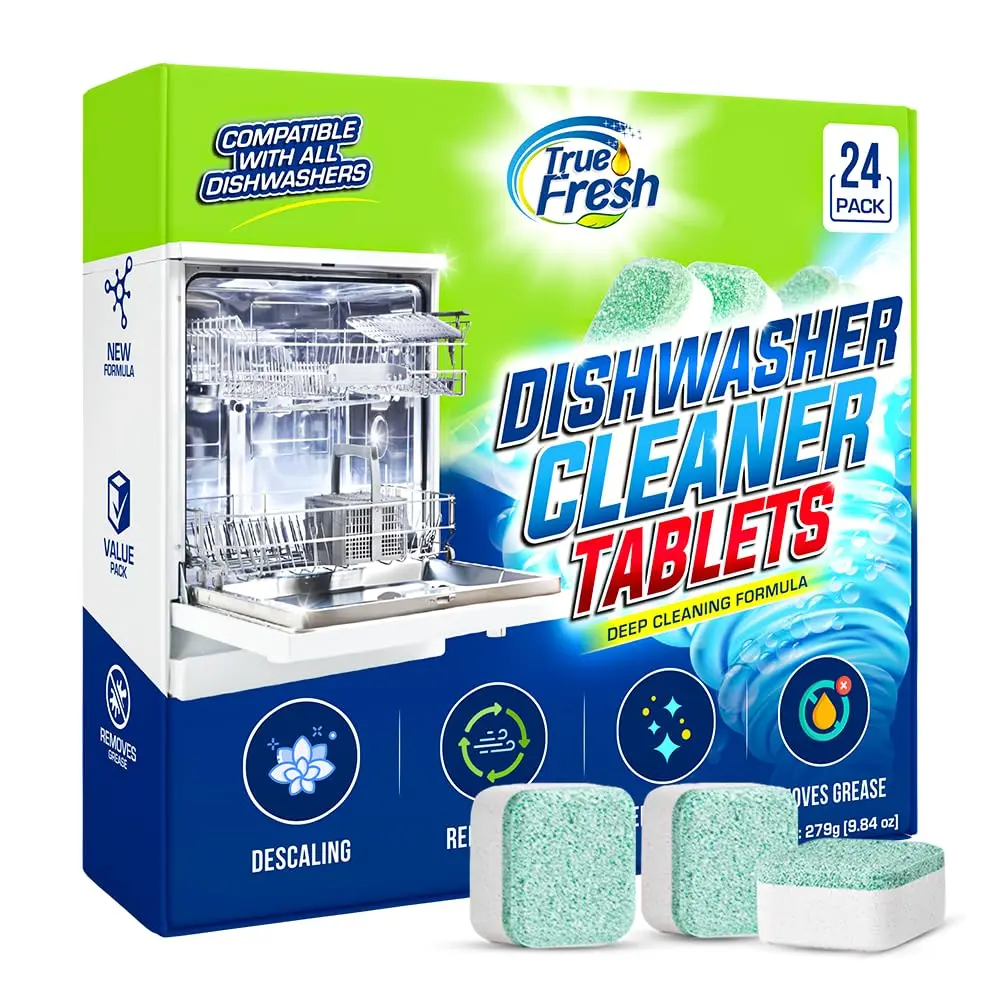 True Fresh Dishwasher Cleaner & Deodorizer Tablets 24-Pack – Deep Clean, Fresh, Sparkling Dishwasher Cleaning Tablets for Spray Arms, Filters & Drains – Removes Grease, Residue & Hard Water Buildup