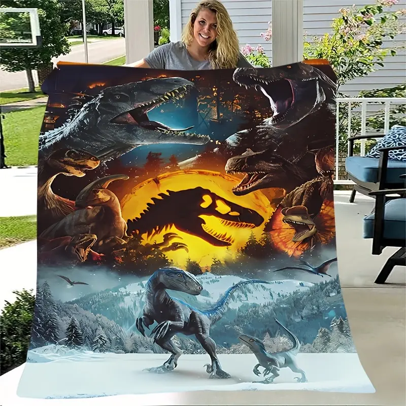 Cozy Dinosaur Jurassic Theme Pattern Printed Flannel Blanket, Soft And Warm, Perfect Gift for Holiday Memories