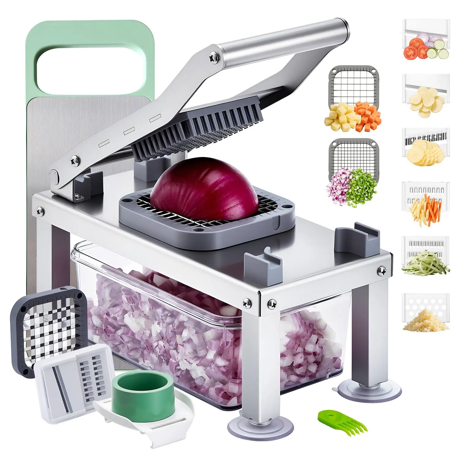 VEVOR Sturdy All-in-1 Fruit Vegetable Slicer Chopper - 8 Stainless Steel Blades, Cheese Grater, Onion Potato Garlic Dicer, 1650ml Container, Suction Cup Steady Base, 0.06in Thin Slices Food Prep Kitchen Utensil for Stews