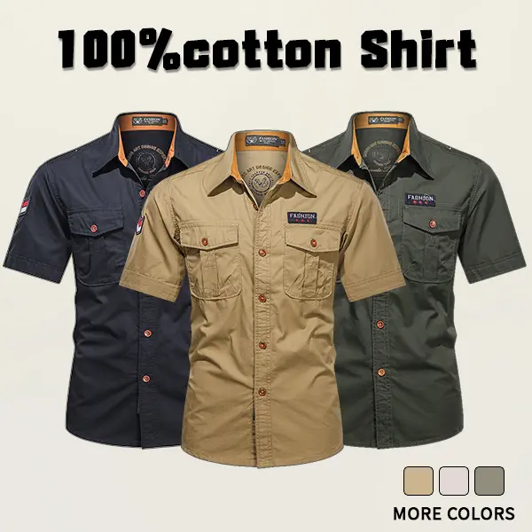 Men’s summer 100% cotton work short-sleeve shirt with multiple pockets, outdoor casual style, suitable for commuting, outdoor adventures, and light workwear outfits.