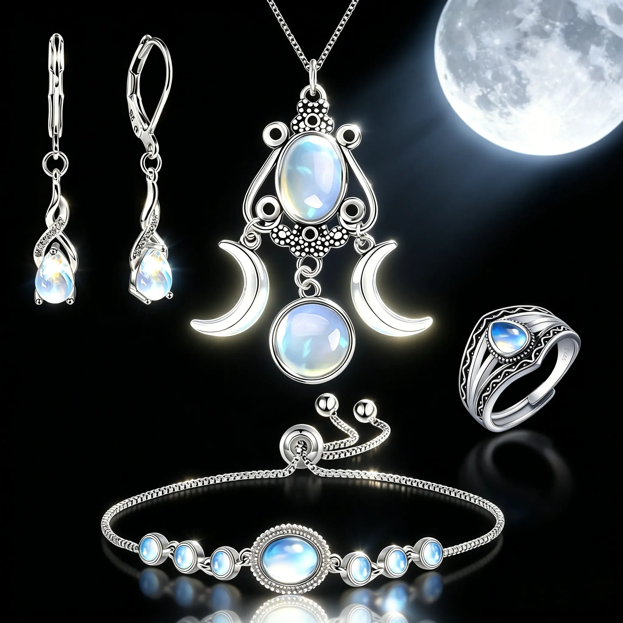 AELNEN S925 Silver Bohemian-Style Moonstone Bracelet/Necklace/Ring/Earrings for Women — Adjustable Chain Design, Suitable for Any Occasion.