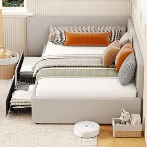 GAOMON Twin daybed with 2 storage drawers, Corner Bed frame with Extended headboard and Bed Rails, Velvet Upholstered Sofa Bed with Guardrail for Bedroom, Guest Room, Adjustable installation, Light Gr