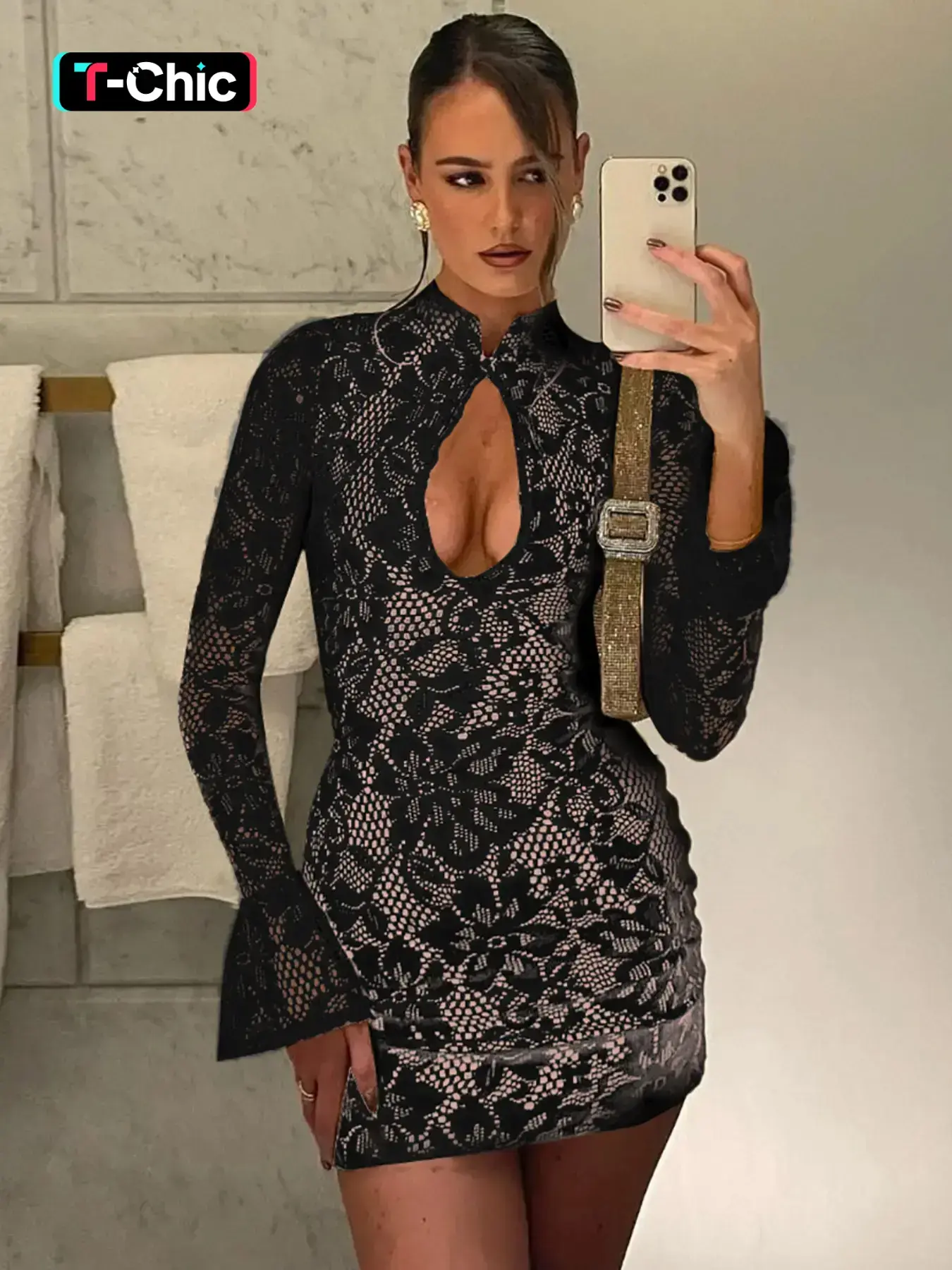 Women's Fashion Lace Cut-Out Mock-Neck Bodycon Dress, Elegant Long-Sleeve Short Dress for Club, Party and Holiday Wear, Elegant Party Dresses for Spring and Fall, Formal Wear, Womenswear