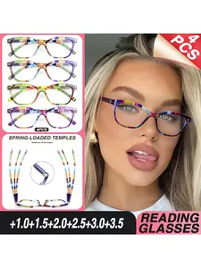 4 Pairs Fashionable Reading Glasses, Small Frame Rectangular Design, Comfortable Spring Temple Fit, Unisex Prescription Eyewear, Reading Eyeglasses